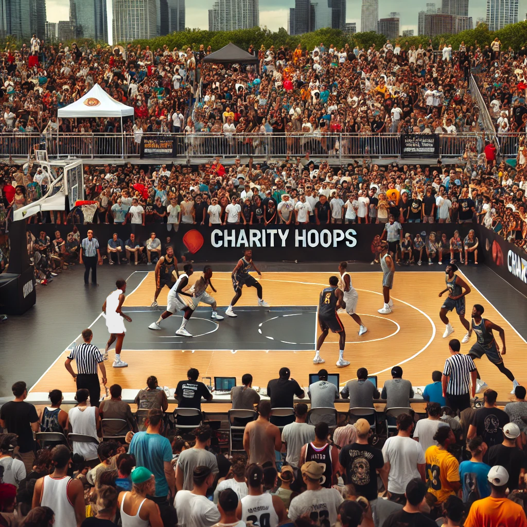 A packed charity basketball event with a large crowd in the stands, players competing in an intense game on the court, and a Charity Hoops: Balling for a Cause banner in the background.